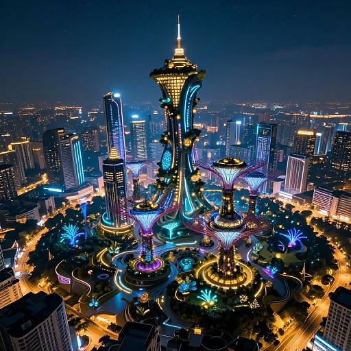 Photograph of a vibrant, neon-lit cityscape at night featuring a futuristic, illuminated skyscraper with glowing blue and purple lights, surrounded by brightly