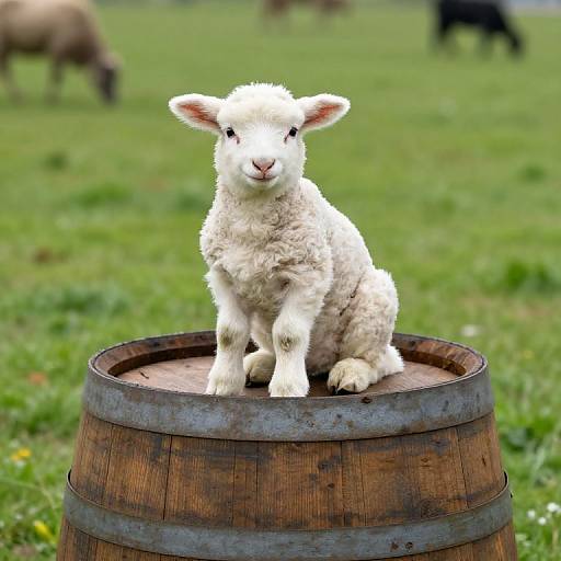 Photograph of a fluffy white lamb sitting on a wooden barrel in a green grassy field with blurred sheep in the background.
