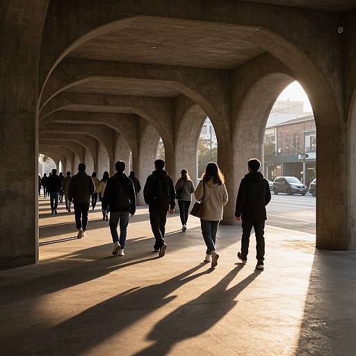 Photograph of silhouetted pedestrians walking under sunlit stone arches, casting long shadows; urban street and buildings visible beyond.