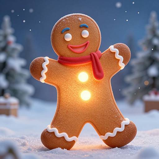 Photograph of a glowing, festive gingerbread cookie with white icing, blue eyes, red scarf, and smile, standing in snowy forest.