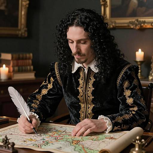 Photograph of a long-haired man with a mustache, wearing an ornate black velvet shirt, writing on a map with a white feather quill