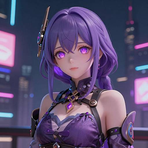 Digital anime-style portrait of a purple-haired woman with glowing purple eyes, wearing a black, purple-accented futuristic outfit, against a neon-lit