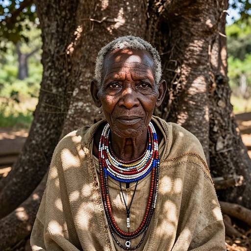 Photograph of an elderly African woman with dark skin, short gray hair, wearing multiple beaded necklaces and a beige cloth, sitting against a large