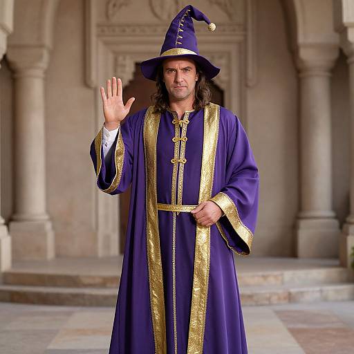 Photograph of a long-haired man in a purple and gold wizard robe, waving his right hand, standing in a stone-columned, arched hall