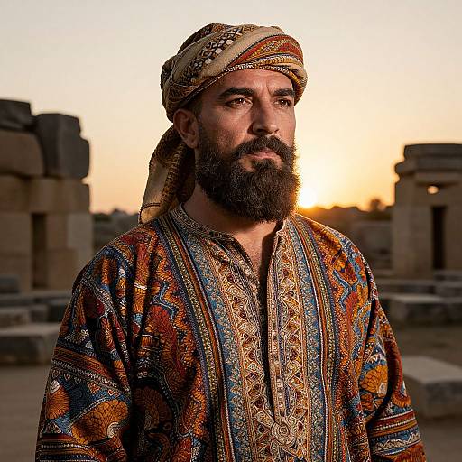 Photograph of a bearded man with a patterned headscarf and colorful, intricately designed traditional shirt, standing in a sunlit ancient ruin