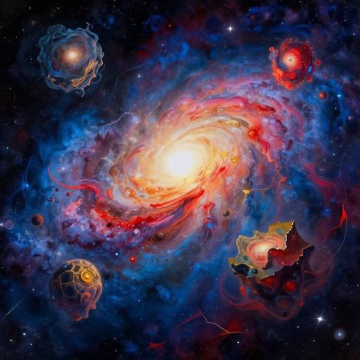 Vibrant digital artwork of a swirling galaxy with a bright yellow-white core, surrounded by red, blue, and purple nebulae, and four