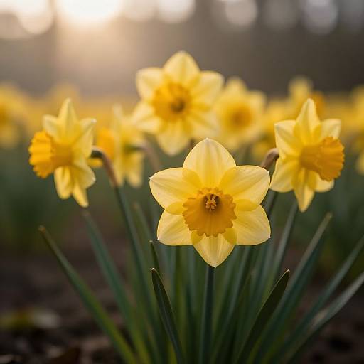 Photograph of bright yellow daffodils in focus, with a blurred background of more flowers and sunlight creating a warm, sunny atmosphere.