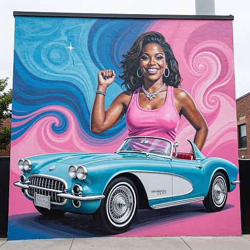 Bright graffiti mural of smiling Black woman in pink tank top, flexing arm, in front of turquoise classic convertible car.