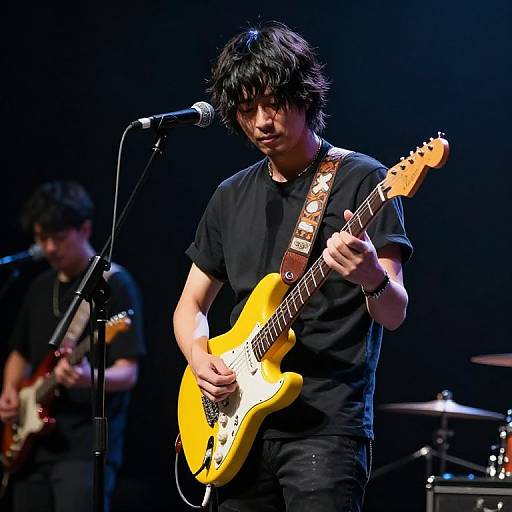 Photograph of an Asian male electric guitarist with black hair, wearing a black t-shirt, playing a yellow guitar on stage, microphone in front, drummer