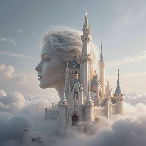 Digital artwork of a blonde woman's profile superimposed on a majestic, glowing castle floating among fluffy clouds. Dreamy, ethereal scene.