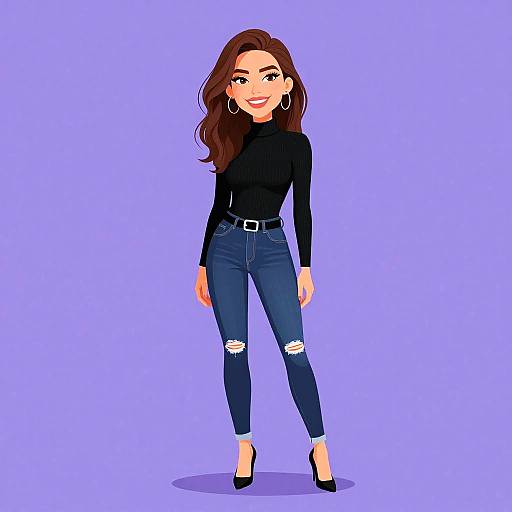 Digital illustration of a smiling woman with long brown hair, wearing a black turtleneck, ripped blue jeans, black belt, and black heels, against