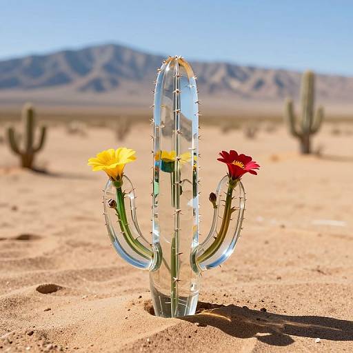 Photograph of a glass cactus with yellow, red, and yellow flowers, standing in a desert with blurred mountains and cacti in the background