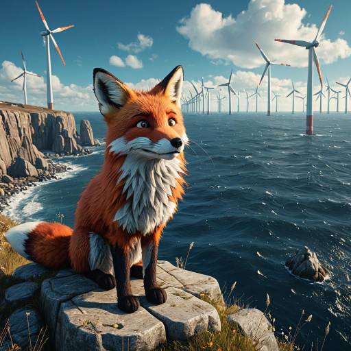 Anthropomorphic Red Fox on Sea Cliff with Wind Turbines