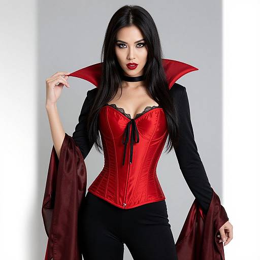Photograph of a pale-skinned woman with long black hair, red corset, black cape, and high collar, posing with a confident expression.
