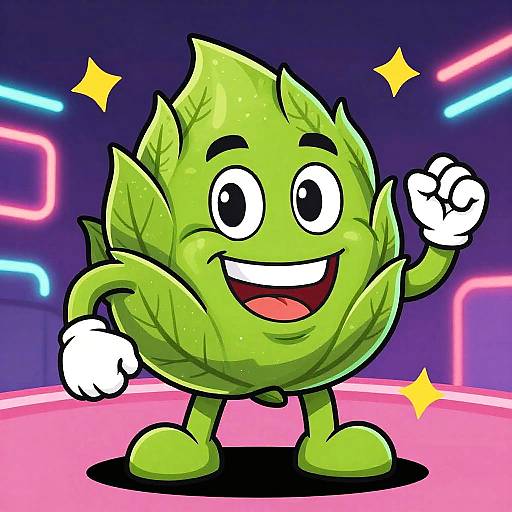 Vibrant digital illustration of a cheerful, green leaf-shaped cartoon character with large eyes, white gloves, and raised fist, set against a neon-l