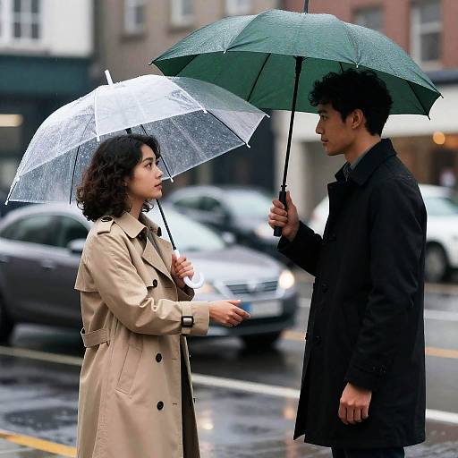 Rainy City Encounter: Handshake in Motion