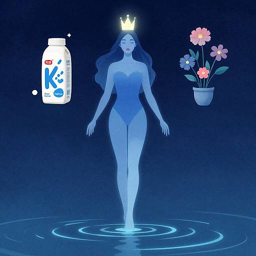 Digital illustration of a blue-toned, ethereal woman with long hair, crowned with a glowing crown, standing in water, surrounded by a floating flower