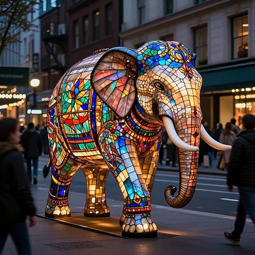 Photograph of a vibrant, mosaic-tiled elephant sculpture on a city street at dusk, with colorful stained glass and people walking by.