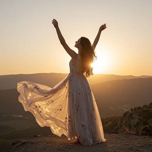 Silhouetted woman in flowing, floral dress with arms raised, stands against a golden sunset on a mountain peak, her long hair flowing in the