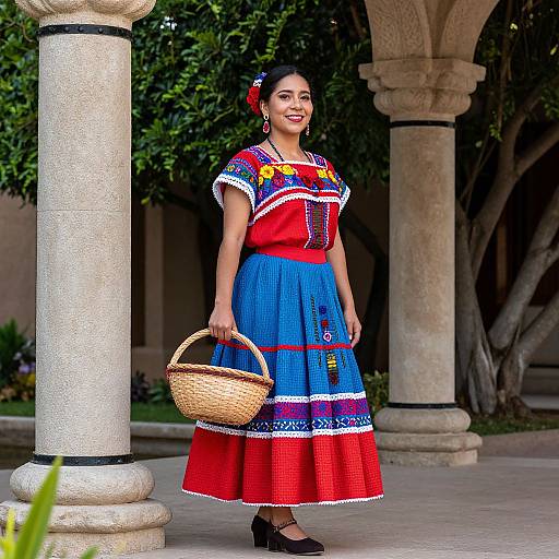 Photograph of a smiling woman in traditional Mexican dress with red, blue, and white embroidery, holding a wicker basket, standing under stone arches