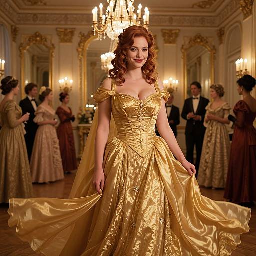 Photograph of a fair-skinned, red-haired woman in a golden, off-shoulder ball gown, standing in an opulent, chandelier