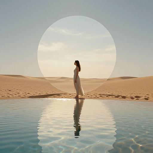 Silhouetted woman in flowing white dress stands by reflective pool in desert, with large sun-circle in clear sky. Photorealistic CGI.