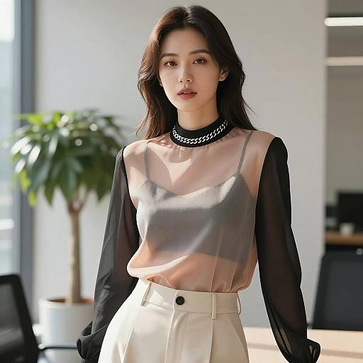 Asian Woman in Sheer Blouse and High-Waisted Pants