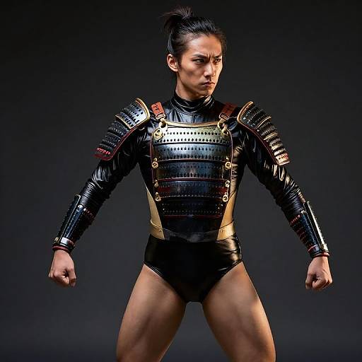 Photograph of a muscular Asian woman with dark hair in a bun, wearing black and gold samurai armor, standing against a dark background with a fierce