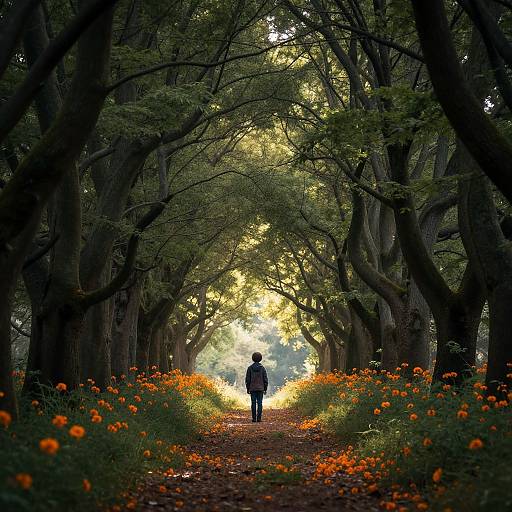 Photograph of a solitary figure walking down a sunlit, tree-lined path adorned with vibrant orange flowers, creating a magical forest tunnel.
