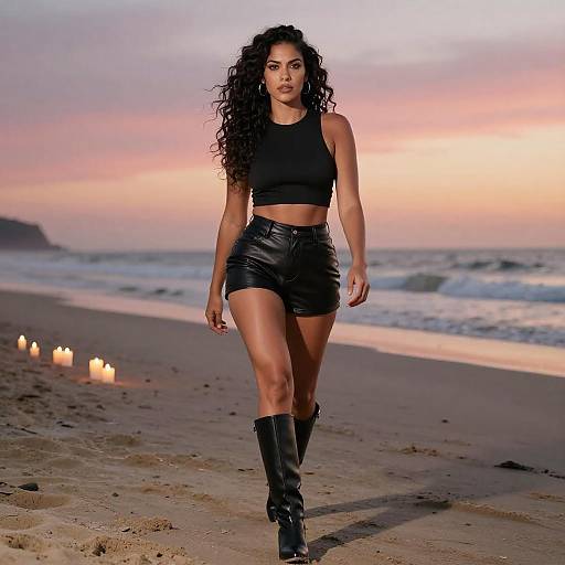 Confident Woman Walking on Sunset Beach