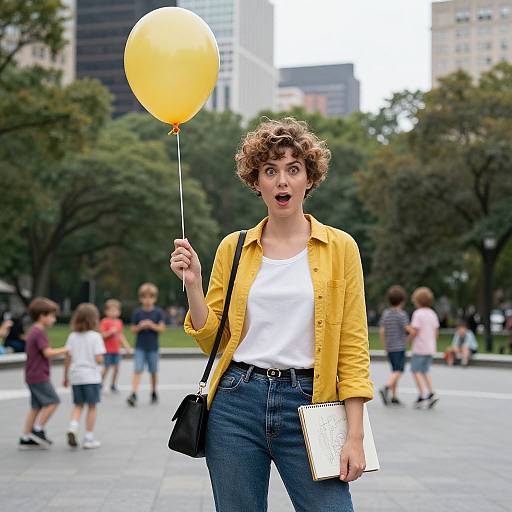 Photograph of a curly-haired young woman in a yellow jacket and white shirt, holding a yellow balloon, surprised expression, holding notebook, standing in a
