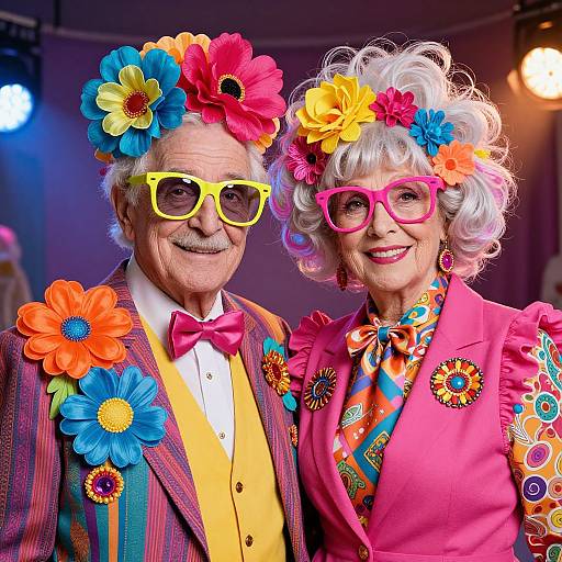 Photograph of an elderly couple with vibrant flower headpieces, colorful glasses, and matching bold outfits, smiling brightly against a purple-lit background.