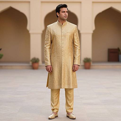 Golden Sherwani Suit in Courtyard