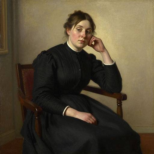 Oil painting of a pensive woman with fair skin, dark brown hair, wearing a black Victorian dress, seated on a wooden chair.