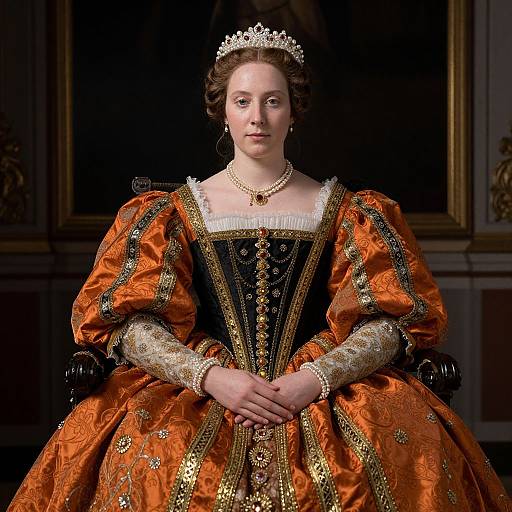 Photorealistic portrait of a fair-skinned woman with brown hair, wearing an ornate, gold and black Renaissance-style gown, pearl necklace, and