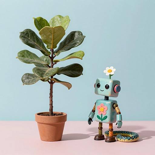 Cute Robot Figurine with Fiddle Leaf Fig Plant