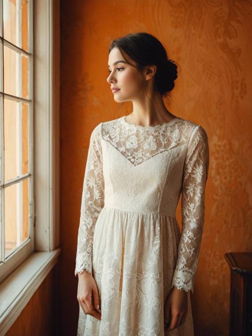 Young Woman in White Lace Dress by Window