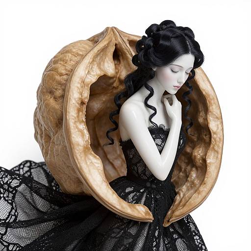 Digital art of a pale, black-haired woman with closed eyes, wearing a black lace dress, and a large, textured, golden-brown shell-like