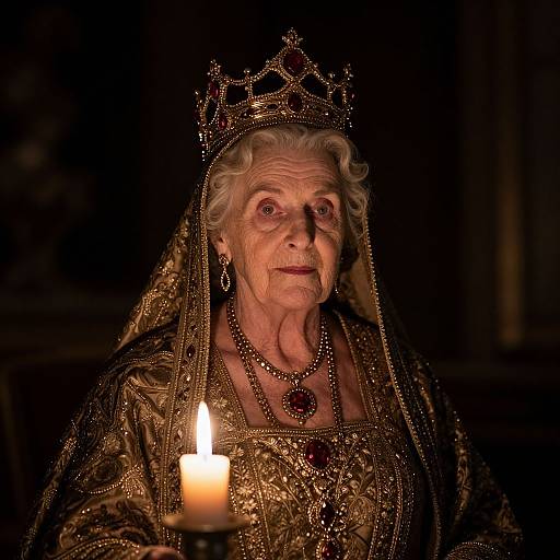 Photograph of an elderly queen with white hair, wearing an ornate, gold-embroidered gown, crown, and necklace, illuminated by a