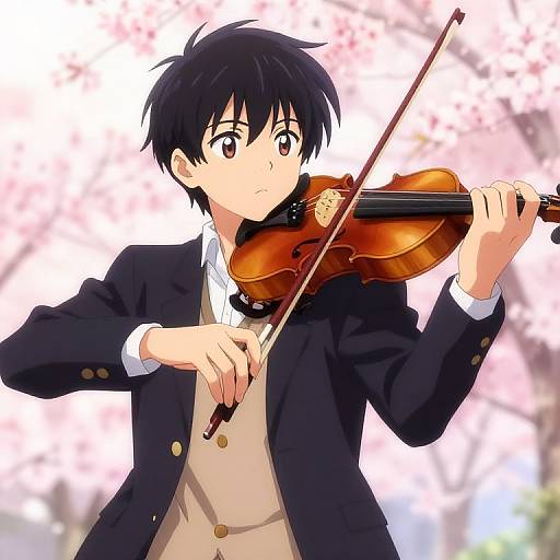 Anime-style digital artwork of a young boy with black hair, wearing a black blazer and beige vest, playing a violin against a cherry blossom background.