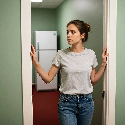 Focused Young Woman in Hallway Scene
