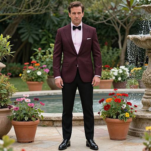 Photograph of a handsome, dark-haired man in a black tuxedo with a bow tie, standing in a lush garden with colorful flowers and a
