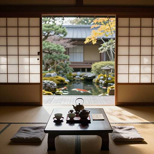 Photograph of a serene Japanese room with shoji screens, a wooden table with tea set, and a tranquil garden view featuring a koi pond and