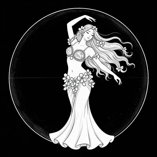 Black-and-white digital illustration of a dancing woman with flowing hair, wearing a floral dress and crown, against a circular black background.
