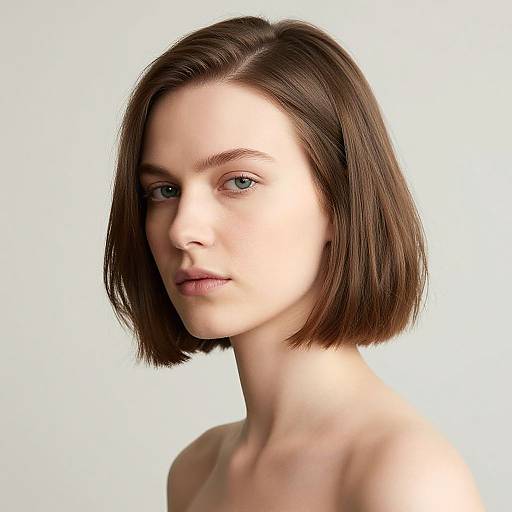 Photograph of a fair-skinned woman with short, straight brown bob haircut, light blue eyes, and subtle makeup, against a plain white background.