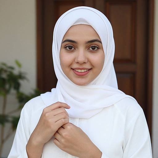 Photograph of a young woman with light brown skin, wearing a white hijab and matching white top, smiling softly, with her right hand gently touching