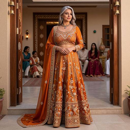 Photograph of a confident woman in an orange, intricately embroidered traditional Indian lehenga, standing in a doorway, with blurred background guests seated.