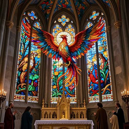 Vibrant stained glass window with a fiery, multi-colored phoenix centered above an ornate altar, surrounded by three smaller figures in a grand cathedral.