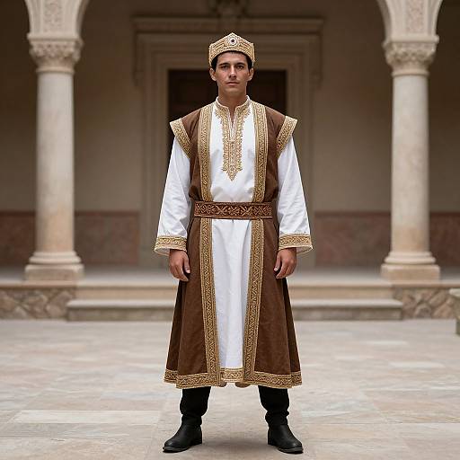 Man in Traditional Costume in Courtyard