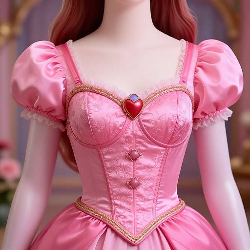 Photorealistic CGI of a pink, puffed-sleeve, heart-embellished dress on a mannequin with red hair, set